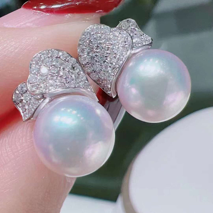 18K White Gold Akoya White Pearl With Diamond Earrings - TS031 - Roselle Jewelry