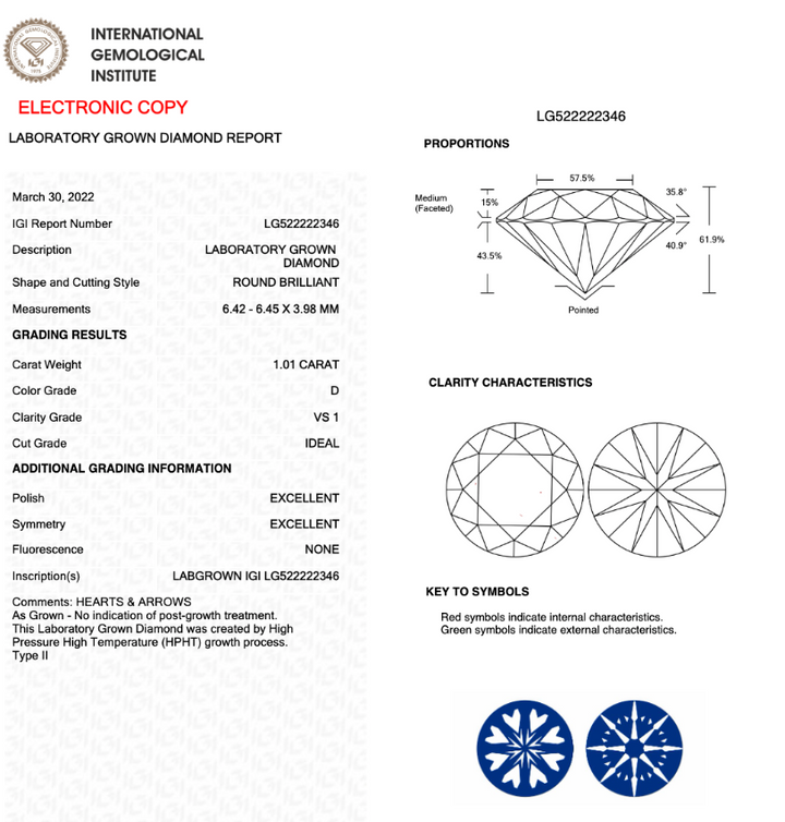 1.01CT Round D VS1 IDEAL 3EX NONE - LG522222346 - Roselle Jewelry