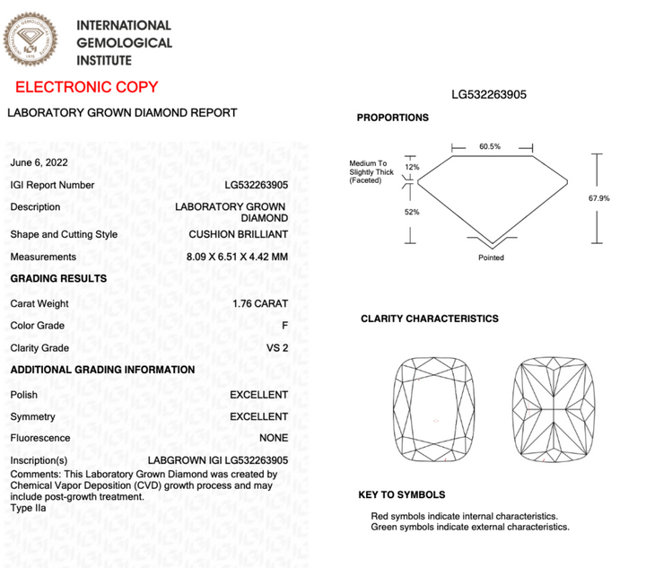 1.76CT Cushion F VS2 EX EX NONE - LG532263905 - Roselle Jewelry