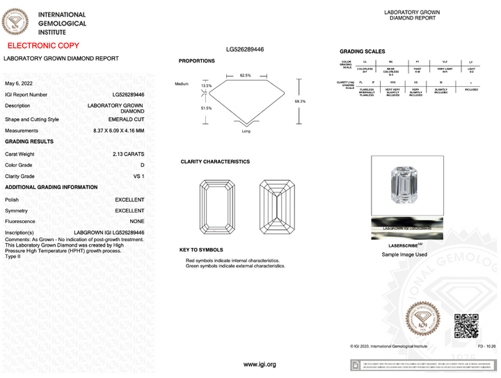 2.13CT Emerald D VS1 EX EX NONE LAB GROWN DIAMOND - LG526289446 - Roselle Jewelry
