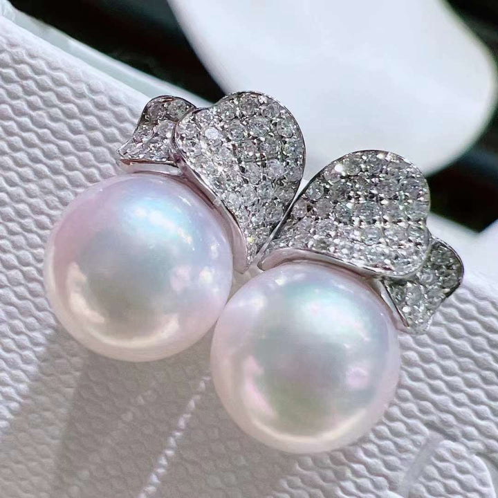 18K White Gold Akoya White Pearl With Diamond Earrings - TS031 - Roselle Jewelry